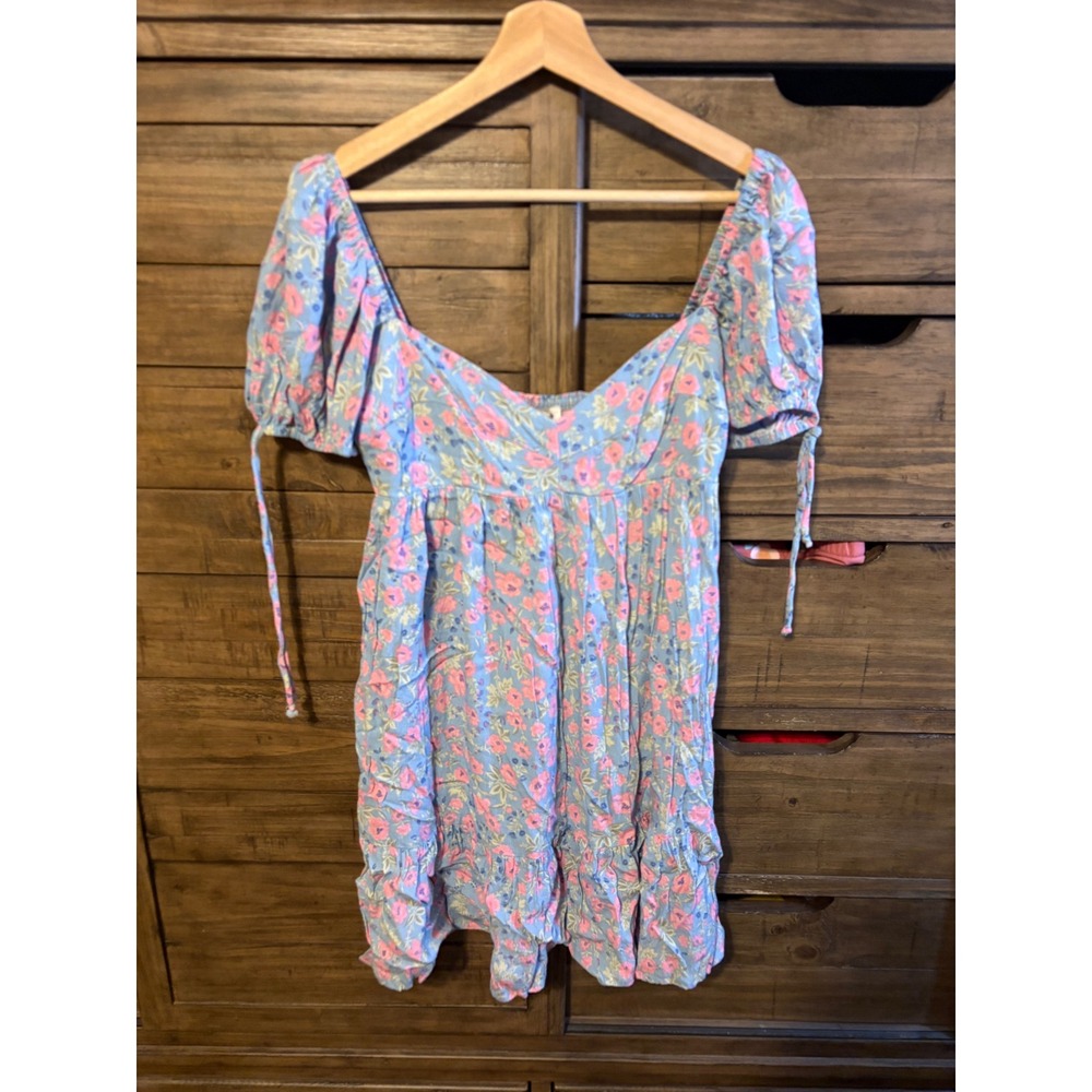 Olivaceous Blue Pink Floral Puff Sleeve Mini Dress Smocked Back L S#2300-672LDJ - Picture 2 of 6